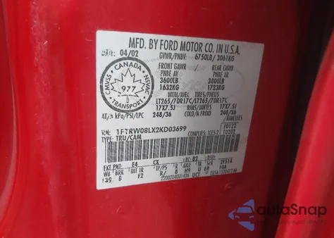 2002 Ford F-150 Lariat/Xlt z USA, uszkodzony, nr VIN 1FTRW08LX2KD03699